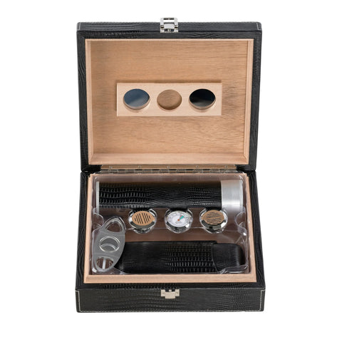 Alligator Pattern Leather Cigar Humidor Gift Set – Black – 25 Cigar Capacity