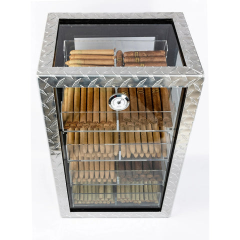 Diamond Plate Glass Countertop Display Humidor – 250 Cigar Capacity | Polished Metal & Glass Finish