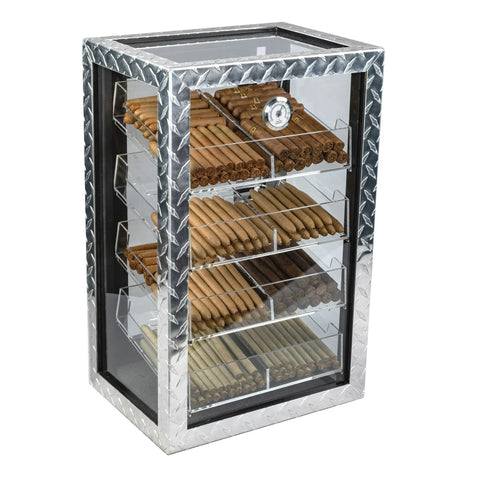 Diamond Plate Glass Countertop Display Humidor – 250 Cigar Capacity | Polished Metal & Glass Finish