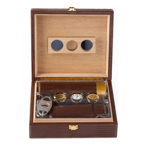 Alligator Pattern Leather Cigar Humidor Gift Set – Brown – 25 Cigar Capacity