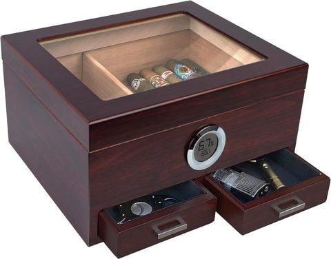 Chalet Cherry Glass Top Cigar Humidor – 25-50 Capacity, Digital Hygrometer