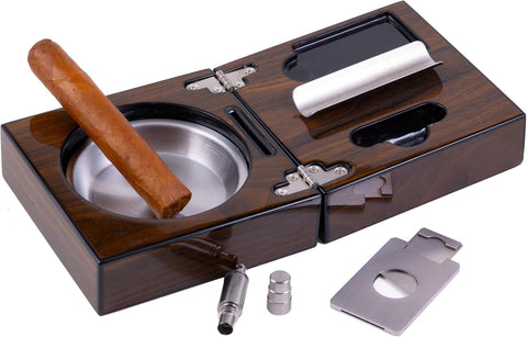 Prestige Folding Walnut Cigar Ashtray Set with Cutters & Reservoir