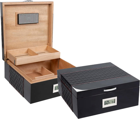Hampton Black Leather & Lacquer Cigar Humidor – 200 Cigar Capacity