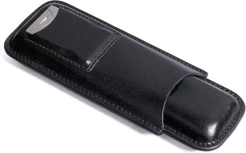 Black Leather 2-Cigar Case with Built-In Stainless Guillotine Cutter