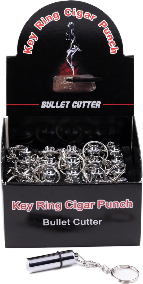 Keyring Bullet Cigar Punch Cutter Display Box - 25 Pieces Chrome Silver