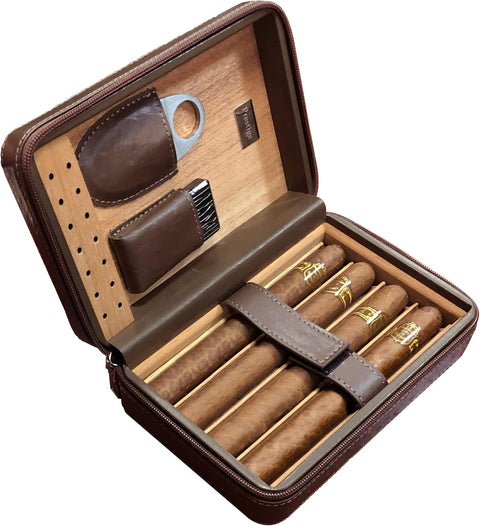 Brown Travel Cigar Humidor Set – Includes Humidifier, Cutter & Lighter