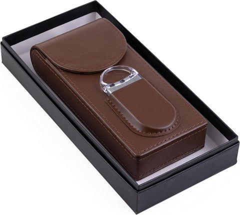 Flip Top Magnetic Closure 3-Cigar Leather Case with Cutter – Brown