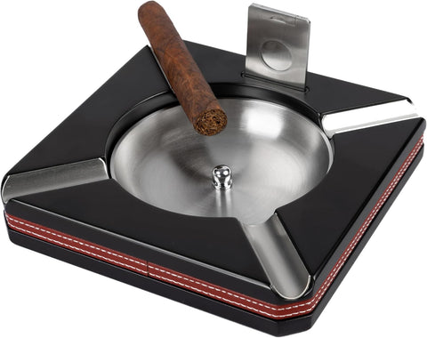Prestige Import Group 4 Cigar Wood Ashtray w/Black Finish, Leather Trim & Cutter