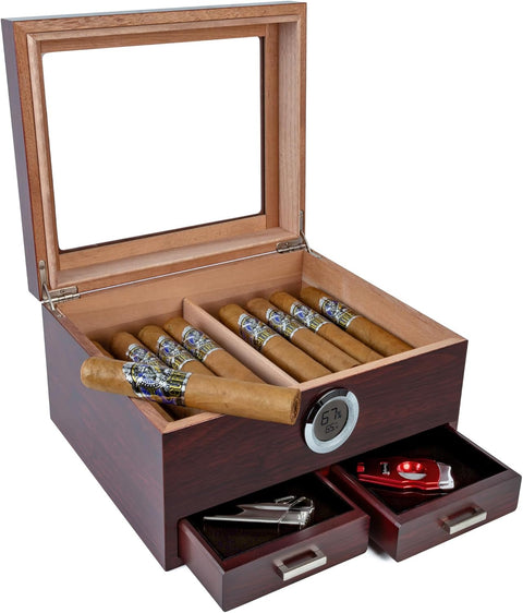 Chalet Cherry Glass Top Cigar Humidor – 25-50 Capacity, Digital Hygrometer