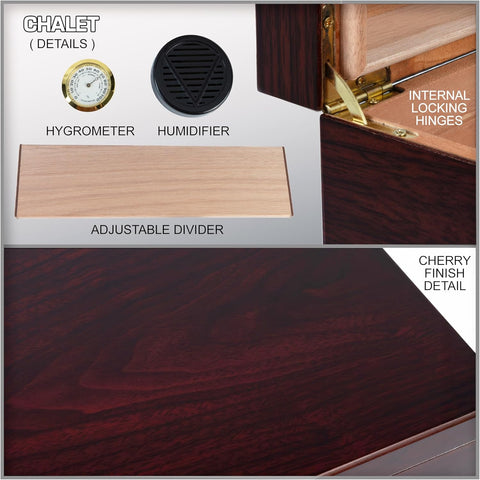 Chalet Desktop Cigar Humidor with Hygrometer and Humidifier 25-50 Cigars Cherry