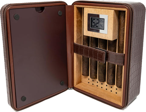 Manhattan XL Crocodile-Style Leather Travel Cigar Humidor Set – Brown (with Hygrometer, Ashtray, Cutter, Lighter & Humidifier)