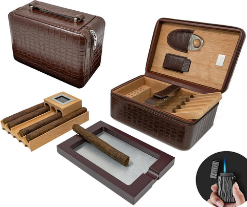 Manhattan XL Crocodile-Style Leather Travel Cigar Humidor Set – Brown (with Hygrometer, Ashtray, Cutter, Lighter & Humidifier)