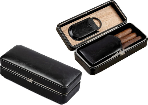 Luxury 3-Cigar Folding Leather Travel Case with Cutter – Black