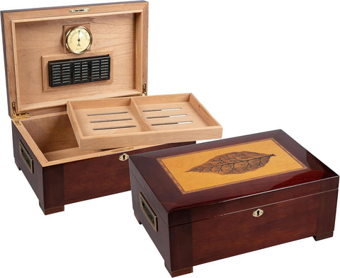 Stetson 150 Ct. High Gloss Humidor with Tray & Tobacco Leaf Inlay