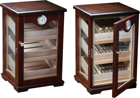 Milano Dark Mahogany Countertop Cigar Humidor – 125 Ct. Capacity w/ 360° Glass Display & Angled Trays