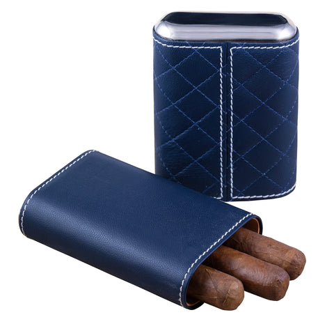 3-Cigar Leather Travel Case – Diamond Stitch Pattern – Blue