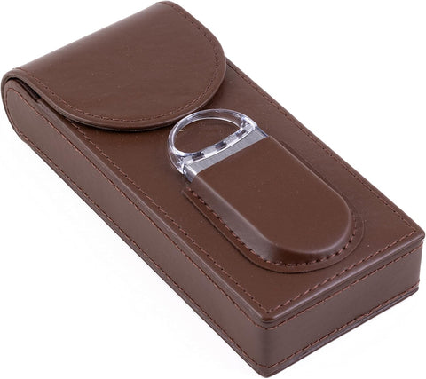 Flip Top Magnetic Closure 3-Cigar Leather Case with Cutter – Brown