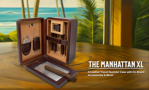 Manhattan XL Crocodile-Style Leather Travel Cigar Humidor Set – Brown (with Hygrometer, Ashtray, Cutter, Lighter & Humidifier)