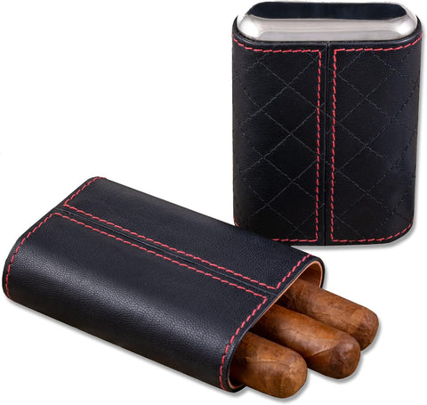 3-Cigar Leather Travel Case – Black with Diamond Stitch Pattern