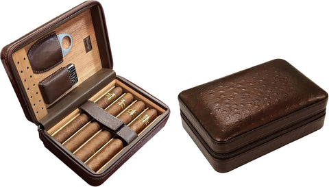 Brown Travel Cigar Humidor Set – Includes Humidifier, Cutter & Lighter