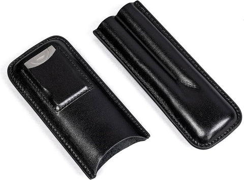 Black Leather 2-Cigar Case with Built-In Stainless Guillotine Cutter