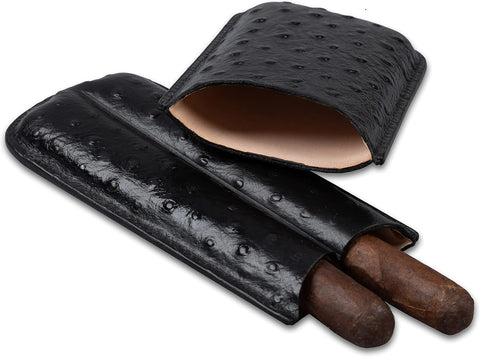 2-Cigar PVC Leather Travel Case – Ostrich Style Pattern in Black