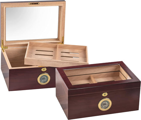 Berkeley Cherry Glass Top Humidor – Up to 100 Cigars, Digital Hygrometer