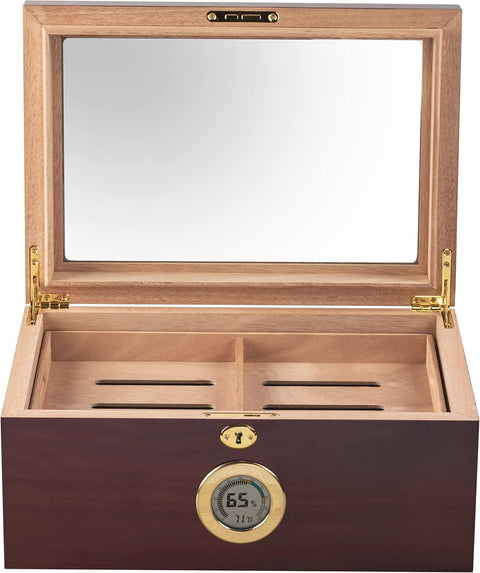 Berkeley Cherry Glass Top Humidor – Up to 100 Cigars, Digital Hygrometer