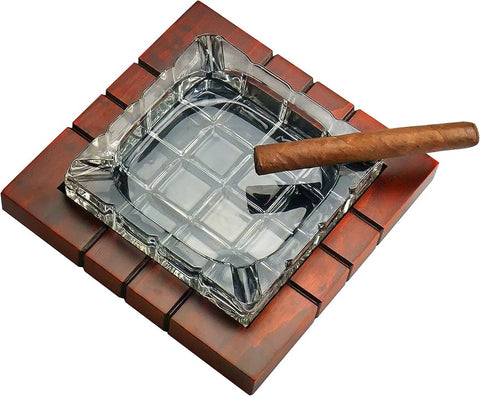 Prestige Import Group Wood & Crystal Cross-Hatched Ashtray