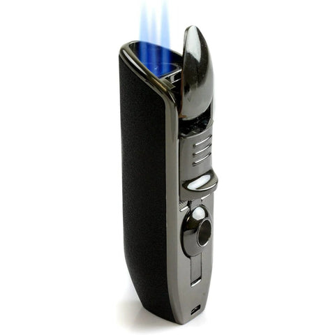 Olympus Wind-Resistant Triple Flame Torch Lighter with Built-In Punch Cutter – Black Stone