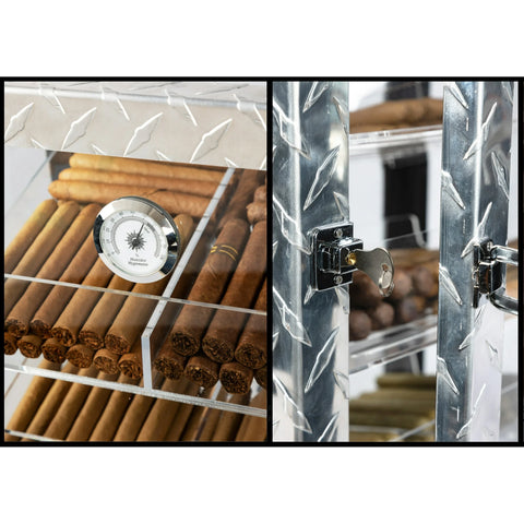 Diamond Plate Glass Countertop Display Humidor – 250 Cigar Capacity | Polished Metal & Glass Finish