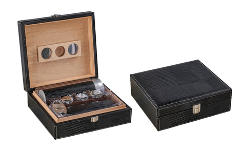 Alligator Pattern Leather Cigar Humidor Gift Set – Black – 25 Cigar Capacity