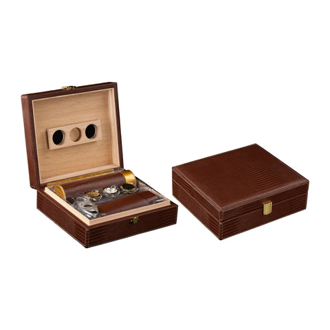 Alligator Pattern Leather Cigar Humidor Gift Set – Brown – 25 Cigar Capacity