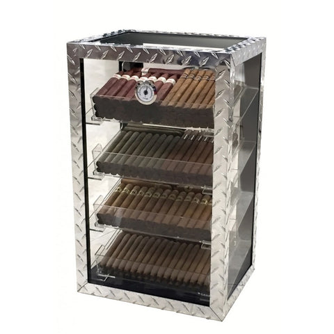Diamond Plate Glass Countertop Display Humidor – 250 Cigar Capacity | Polished Metal & Glass Finish