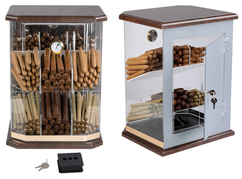 Franklin Wood & Acrylic Display Cigar Humidor with 6 Bins & Hygrometer – Rich Solid Wood Top & Base, 150 Cigar Capacity