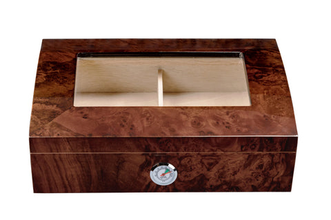 Addison Cigar Humidor – 40 Count Capacity – Walnut Burl Gloss Finish with Arc Top & Beveled Glass