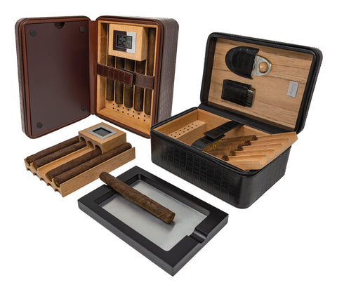 Manhattan XL Travel Cigar Humidor Set – Black (with Hygrometer, Ashtray, Cutter, Lighter & Humidifier)
