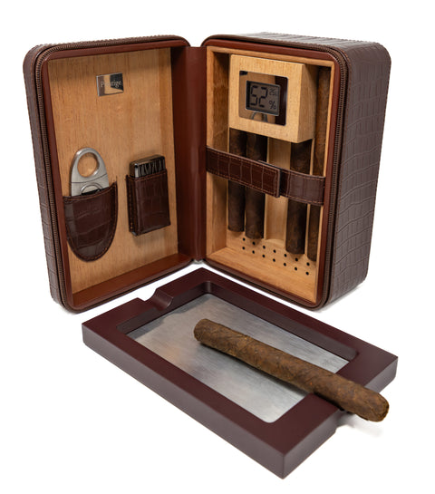 Manhattan XL Brown Crocodile Leather Travel Cigar Case Gift Set – 10–20 Cigar Capacity with Accessories