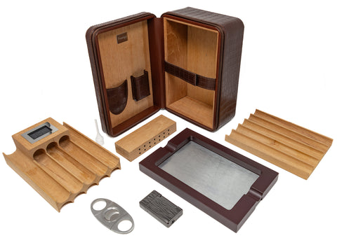 Manhattan XL Brown Crocodile Leather Travel Cigar Case Gift Set – 10–20 Cigar Capacity with Accessories
