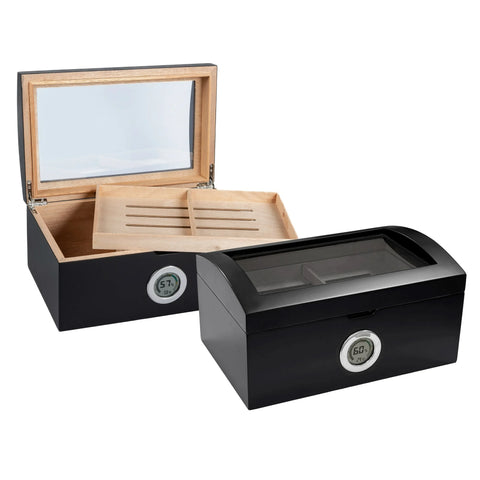 Portofino Dome Style Tinted Glass Top Humidor – Matte Black Finish – 100 Cigar Capacity