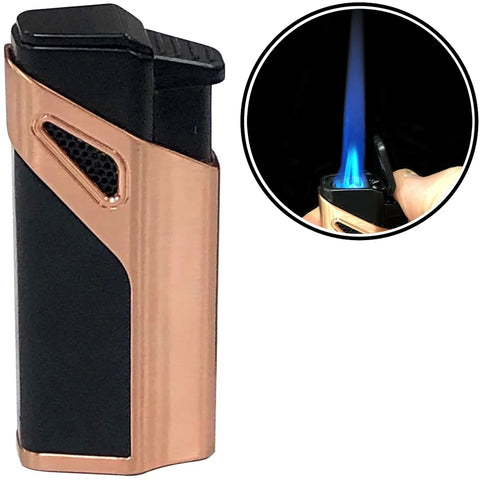 Title: Angled Triple Flame Torch Lighter – Copper Finish with Built-In Punch Cutter