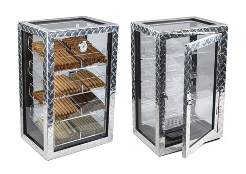 Diamond Plate Glass Countertop Display Humidor – 250 Cigar Capacity | Polished Metal & Glass Finish