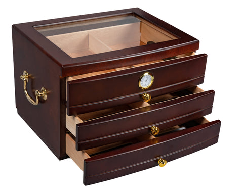 Regent Glass Top Cigar Humidor – 75 Cigar Capacity – Rich Mahogany Finish with Drawers