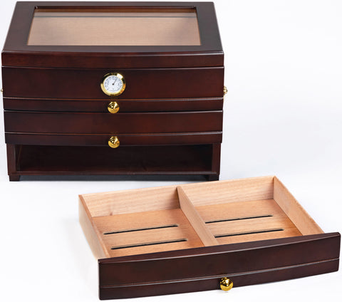 Regent Glass Top Cigar Humidor – 75 Cigar Capacity – Rich Mahogany Finish with Drawers