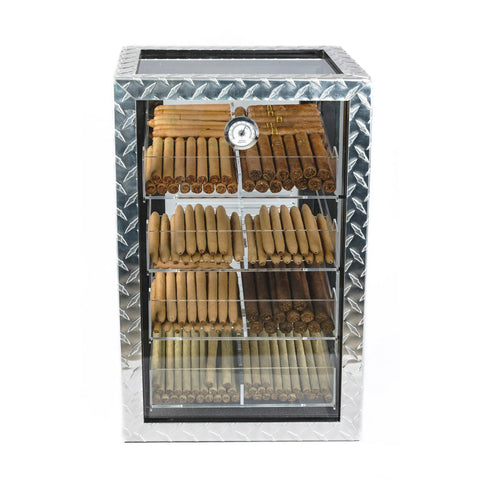 Diamond Plate Glass Countertop Display Humidor – 250 Cigar Capacity | Polished Metal & Glass Finish
