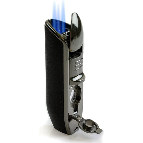 Olympus Wind-Resistant Triple Flame Torch Lighter with Built-In Punch Cutter – Black Stone