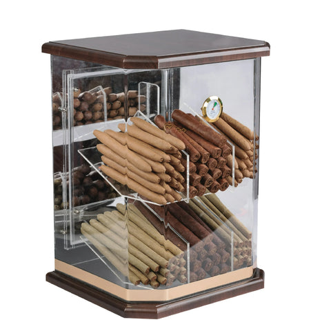 Franklin Wood & Acrylic Display Cigar Humidor with 6 Bins & Hygrometer – Rich Solid Wood Top & Base, 150 Cigar Capacity