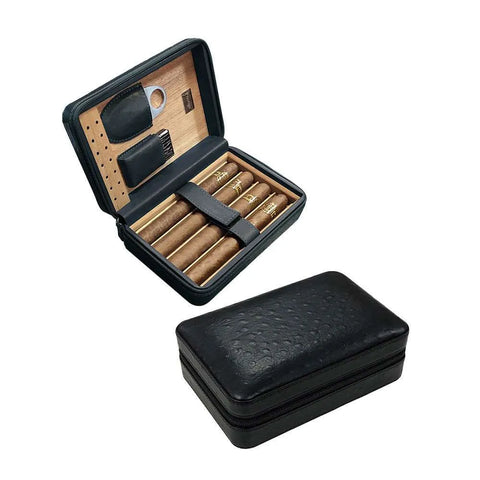 4–8 Cigar Travel Humidor Set – Black (Includes Humidifier, Cutter, Lighter & Zipper Closure)