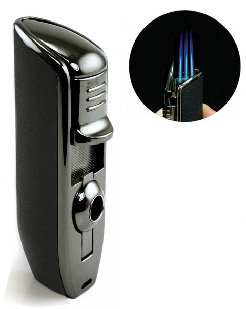 Olympus Wind-Resistant Triple Flame Torch Lighter with Built-In Punch Cutter – Black Stone