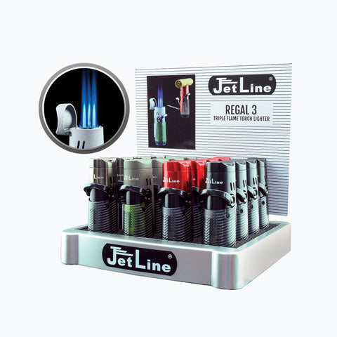 Triple Flame Torch Lighter Display with Draw Tool & Punch Cutter – Box of 16 (Assorted Colors)